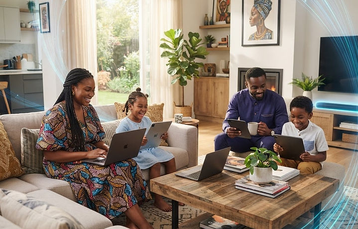 A modern Gambian family enjoying connected devices at home